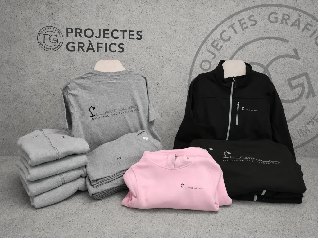 Ropa laboral personalizada con camisetas, sudaderas y chaqueta corporativa sobre fondo de Projectes Gràfics.