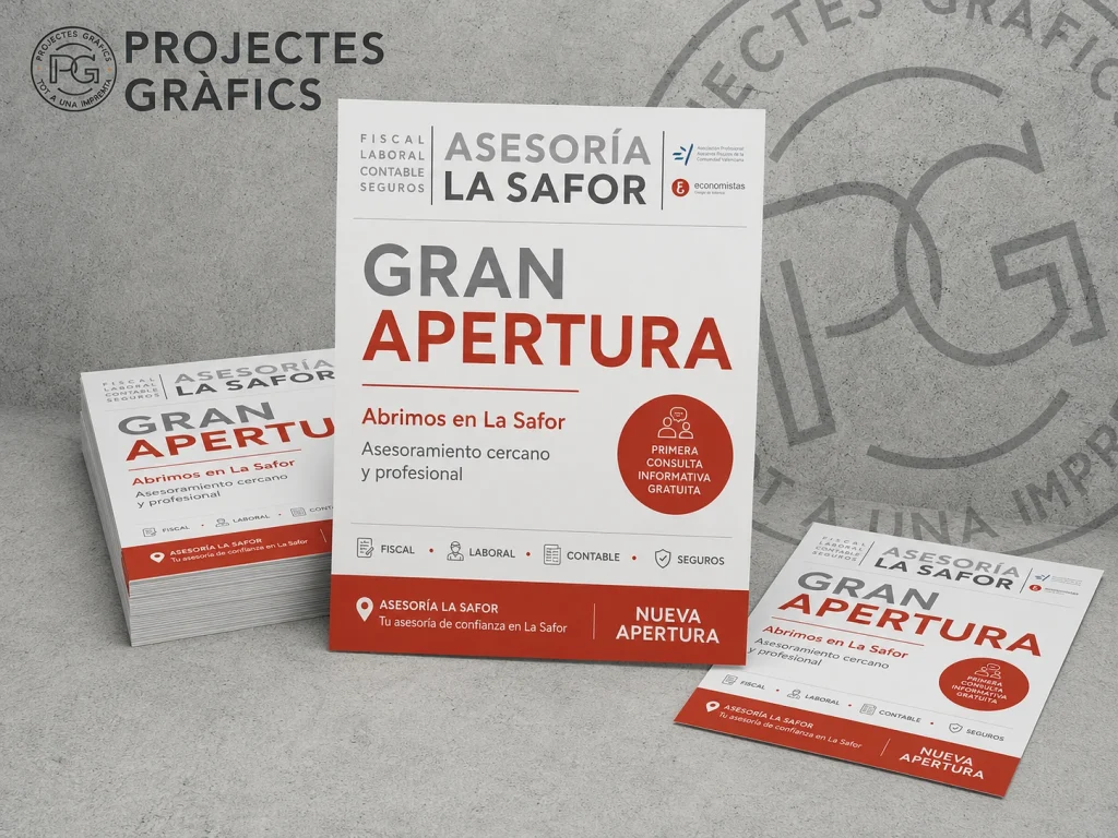 Flyers promocionales impresos para la apertura de Asesoría La Safor con servicios fiscales, laborales, contables y de seguros.