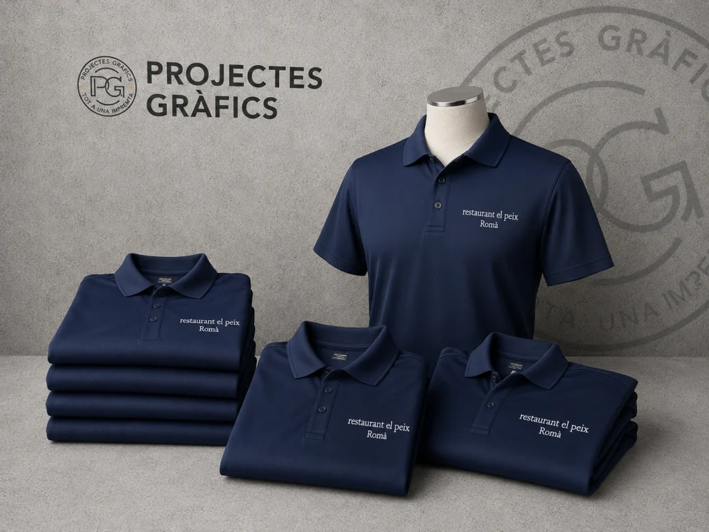 Conjunto de polos técnicos azul marino bordados en blanco para Restaurant El Peix Romà sobre fondo corporativo de Projectes Gràfics.